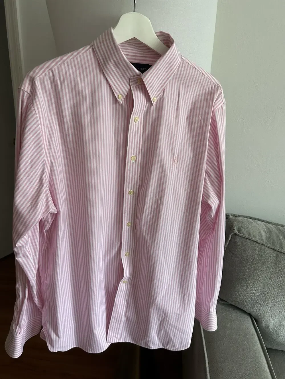Polo Ralph  Mens Pink White Striped Non-Iron Button Down Shirt 16 1/2 34 35